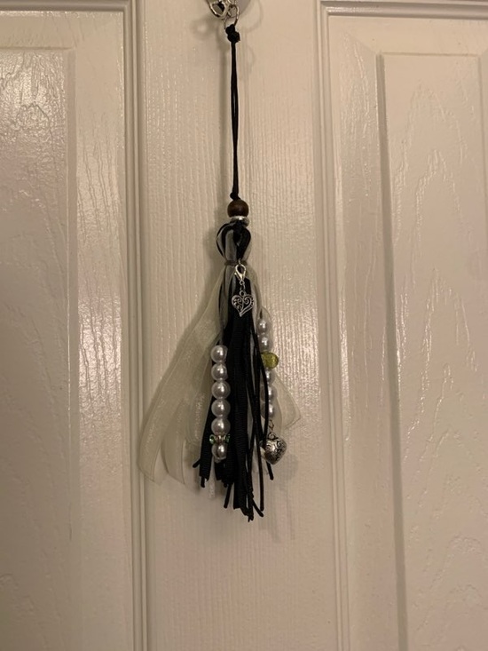 Handmade Accessories - Black and Cream Tassel Charm Bookmark/Keychain with Pearl Accents